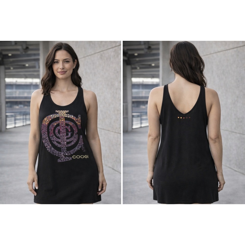 Coogi Tank Top Womens Small Black Rhinestone Logo Cutout Back Y2K‎ Streetwear